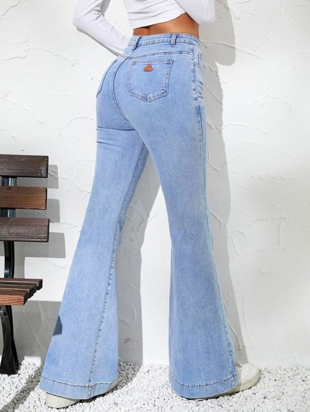 

patch detail flare leg jeans 06fp#, Blue