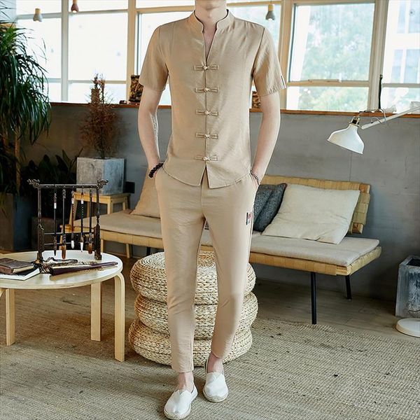 

vintage man clothing spring men tracksuit wear long sleeve street male travel set linen pants in mens sets, Gray