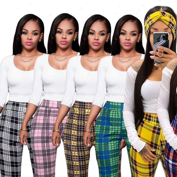 

fashion checkered print high waisted bell bottom pant for women 2020 autumn plaid pant pantalones classic bodycon flare trousers, Black;white