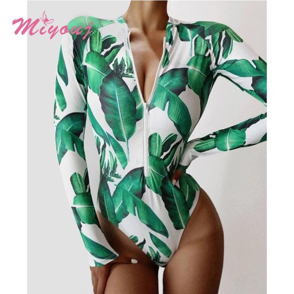 

long sleeves surf cloth plant print bathing suit sports swimsuit female women' swimwear deep v neck one piece suits