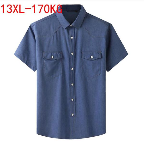 

plus large size 13xl 7xl 6xl 4xl mens business casual short sleeved shirt classic imitation denim male social dress shirts blue, White;black