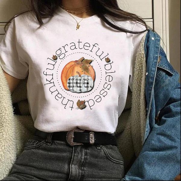 

women print clothes plaid cartoon thankful 90s pumpkin autumn fall halloween lady tees female t shirt womens t shirt, White