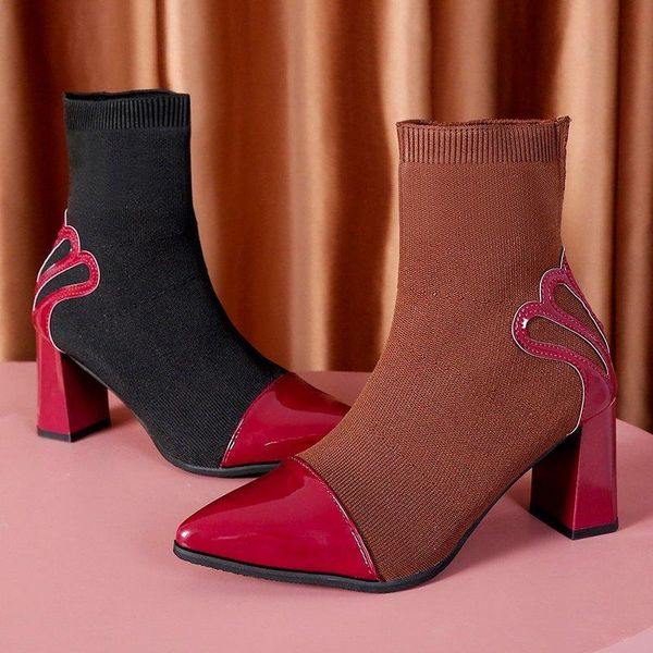 

boots 2021 women's knitted socks patent leather pointed short stretch fashion mid-tube, Black