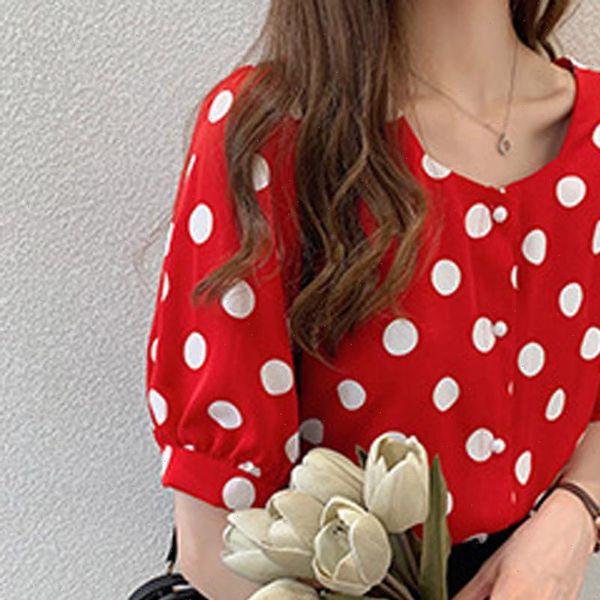 

20 women summer blouse casual short sleeve polka dot printing o neck casual womens and blouses button shirts red camisas, White