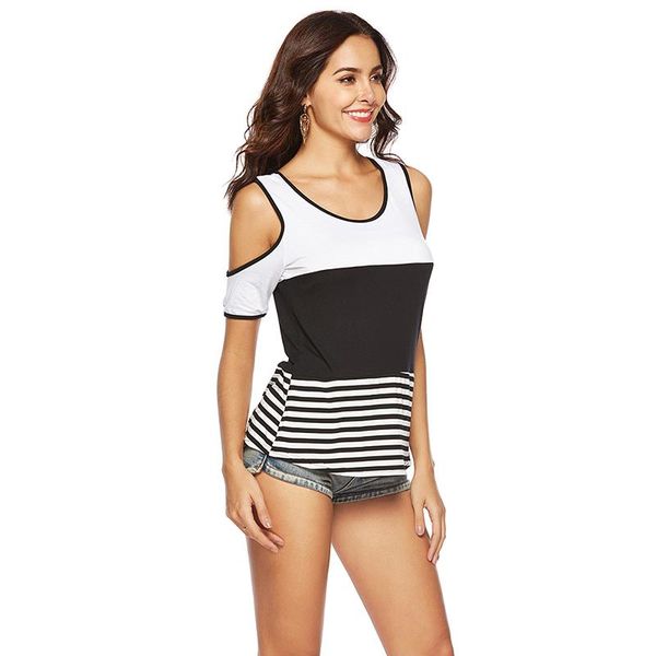 

women's t-shirt women t shirt patchwork color strap round neck hollow out short sleeve casual student chic streetwear spring summer, White