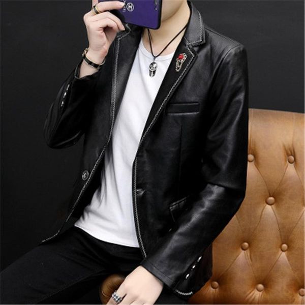 

2021 leather jacket men slim fit blazer young casual mens fashion pu coat spring autumn outwear top, Black