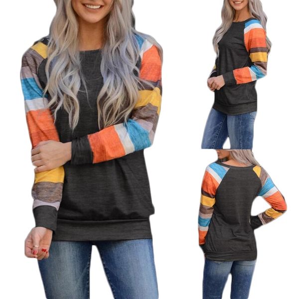 

women's color stripe contrast color printed long sleeve t-shirt casual fashion women's printed long sleeve t-shirt for home wear, White