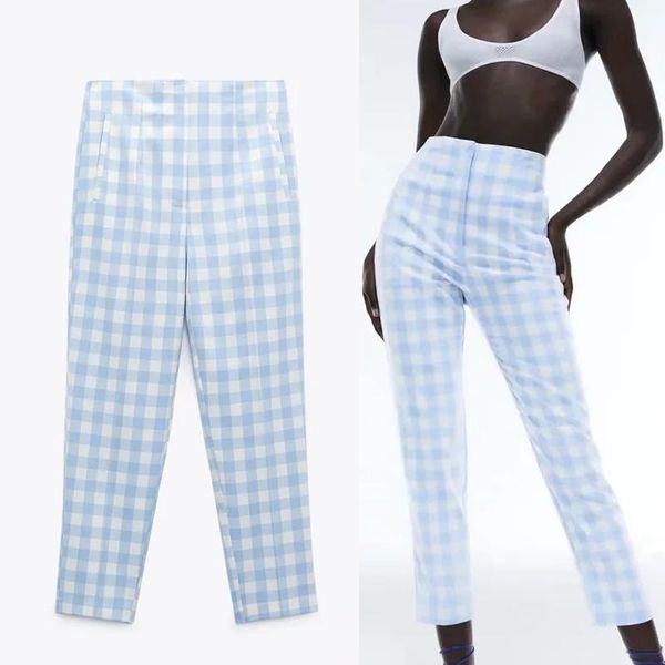 

women's pants & capris traf za 2021 blue plaid for women pink checked trousers high waist woman streetwear straight summer female, Black;white