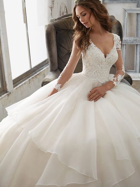 

organza vestido 2021 noiva luxury lace a-line bride wedding new bridal gown v-neck illusion robe de mariage vgb6, White
