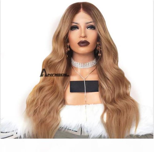 

anogol blonde lace front wig synthetic cabelo peluca long water wave ombre wigs, Black