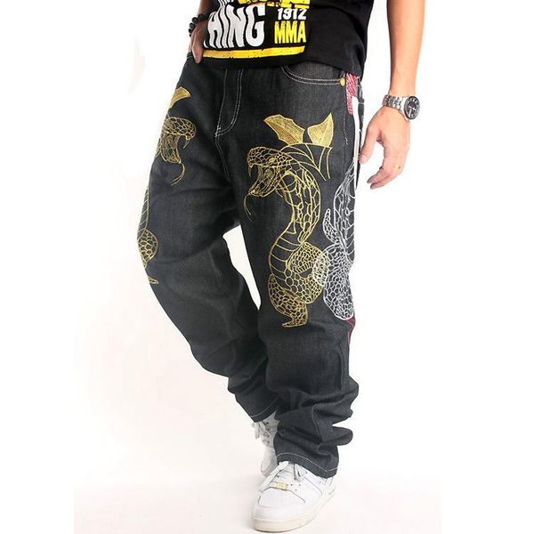 

men's jeans hip hop hiphop street dance trendy men embroidered flowers loose skateboard pants trend plus fat size, Blue