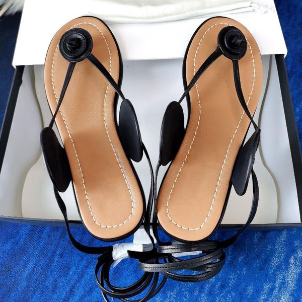 

sandals summer round toe genuine leather roman lace-up shoes fashion women ankle strap flip flops, Black