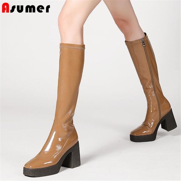 

boots plus size 34-42 stretch women suare high heels knee female zipper winter party club chunky platform, Black