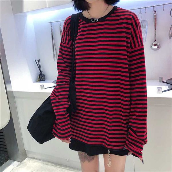 Frauen Männer Mode Marke Korea Stil Vintage Schwarz Rot Streifen Ulzzang Harajuku Oansatz Langarm T-shirts Weibliche Casual T-shirts 211110