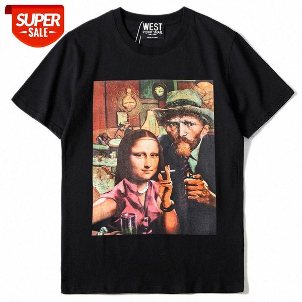 

t shirt trendy brand short-sleeved t-shirt women's hip-hop mona lisa cotton men's street summer discount student #ka69, White;black