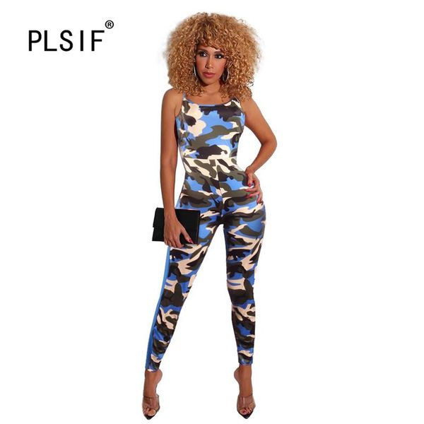

women's jumpsuits & rompers fashion camouflage print lady summer club party spaghetti strap catsuits skinny full length, Black;white