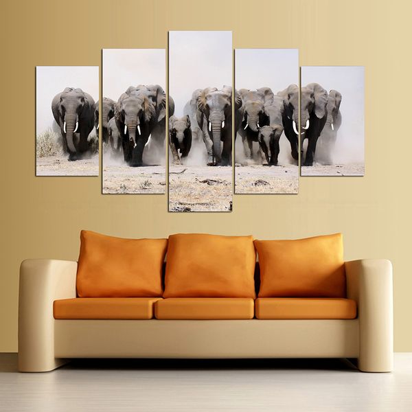 

5 pieces elephant family desert painting modern home decor modular pictures hd canvas animals living room wall posters(no frame)
