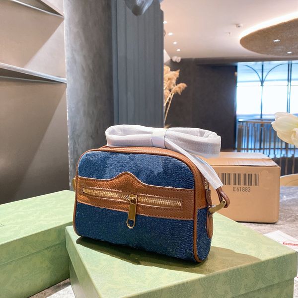 

brown leather + retro denim blue patchwork shoulder bag classic print design cross body purse cute handbag zipper