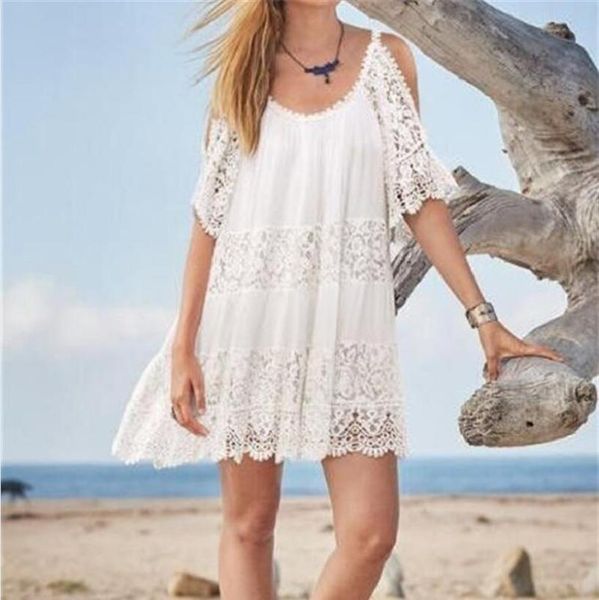 

women's swimwear 2021 women fashion beachwear cover-ups cold shoulder summer beach dress white cotton tunic swimsuit cover up sarongs, White;black