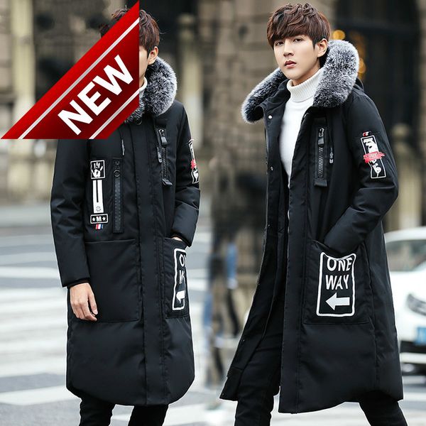 

down jacket men winter long casual thicken slim korean real fur collar 's jackets coat for abrigo hombre kj503, Black