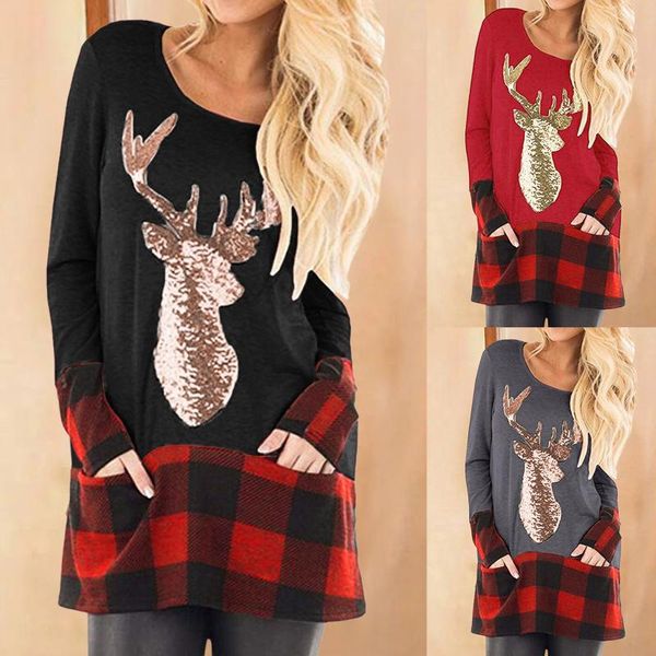 

women's blouses & shirts women christmas t-shirts elk plaid print casual tee autumn winter long sleeve loose t-shirt pullovers blouse, White