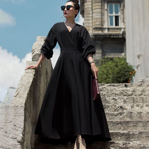 

new 2021 autumn's black solid korea office women bohemian high waist basic sweater ankle length vintage vestidos robe j 0xwq, Black;gray
