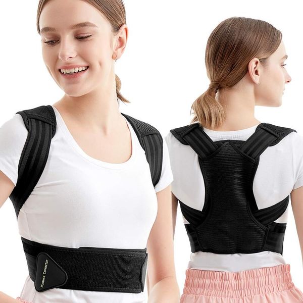 

back support the of posture corrector supports clavicle, relieves spinal pain, and adjusts shoulder strap, Black;blue