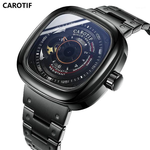 

tourbillon fashion casual automatic mechanical watch men steel band square large dial waterproof wristwatches, Slivery;brown