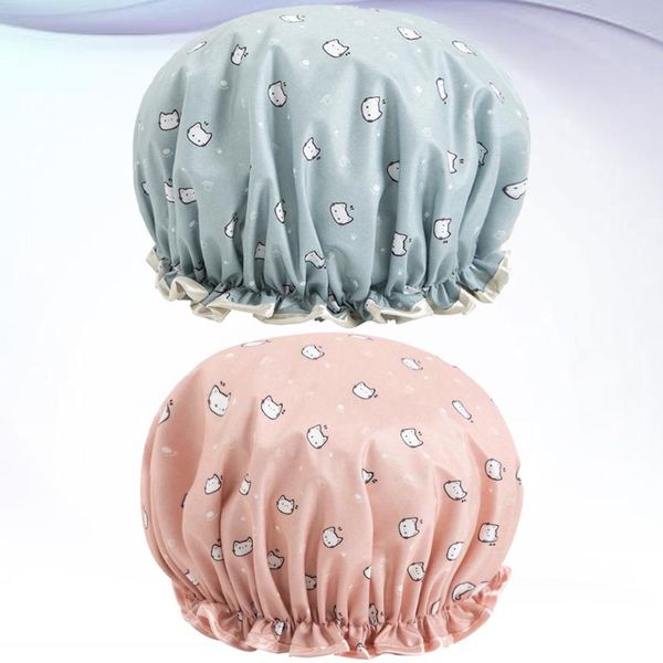 

shower caps 2pcs double-layer printed cap waterproof bath eva bathing hat beauty for woman (sea world + dot)