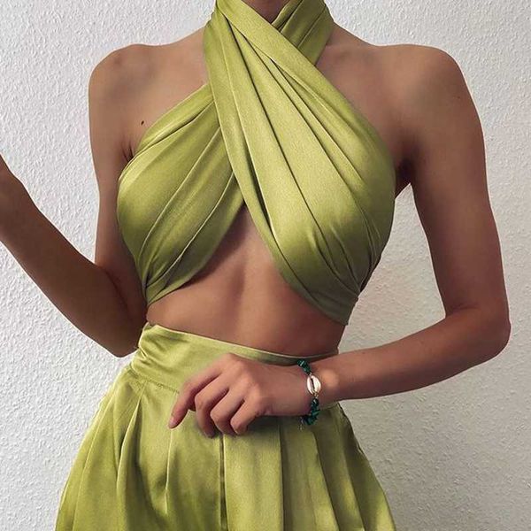 

hirigin chic women satin criss-cross halter sleeveless backless bandage cropped mini vest bustier cami elegant lady y0622, White