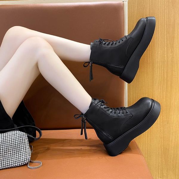 

boots lady shoes luxury designer round toe low rubber autumn rock fashion mid-calf mid calf pu rome 2021 winter, Black