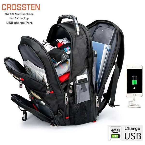 Laptop 17 polegadas Crossten Durável Mochila, Saco de Viagem 45L, Bookbag Colégio, Porto de Carregamento USB, Resistente à Água, Suíça-Multifuncional 202211