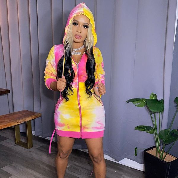 

tie dye print zipper hoodies dress long sleeve slim pockets casual hooded sweatshirts dresses 2021 fall winter vestidos, Black;gray