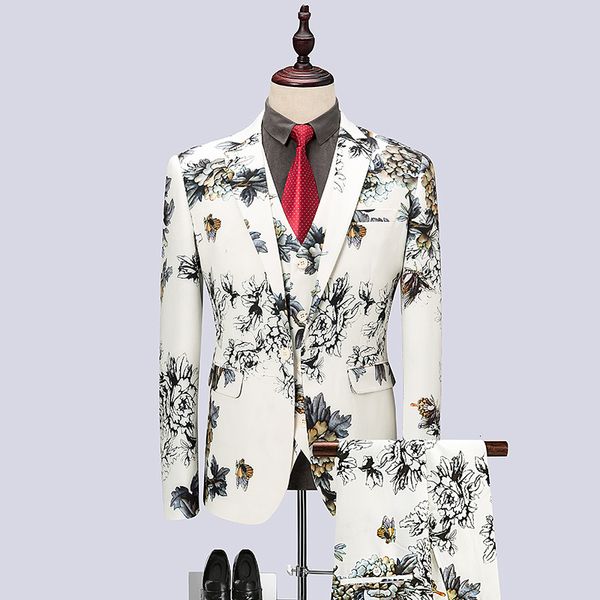 

2021 new 6xl tamanho e masculino personalizado impresso terno trs peas moda negcios magro banquete vestido, noivo vestido de casamento palco, White;black