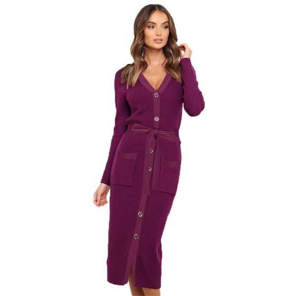 

casual dresses 2021 autumn knitted dress women high waist v-neck winter red brown purple temperament slim female gh835, Black;gray
