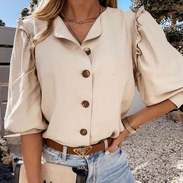 

women's two piece pants office summer women blouse v neck three quarter lantern sleeve single breasted solid color casual female t, White