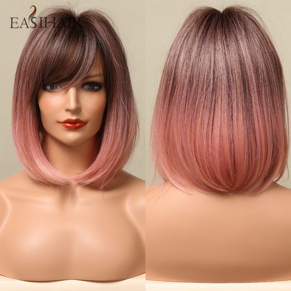 

pink bob wigs ombre pink straight natural hair wave bob synthetic wigs with bangs heat resistant cosplay wigfactory direct, Black