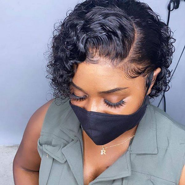 

mongolian human hair side t part lace wig for black women short pixie cut curly wigs natural color, Black;brown