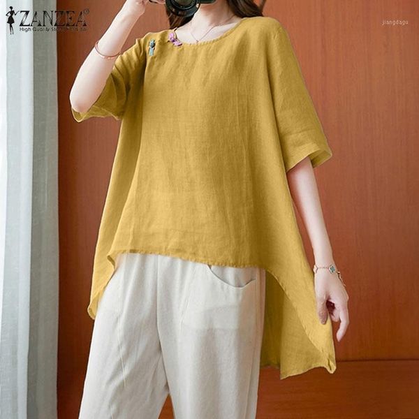 

women's blouses & shirts 2021 summer short sleeve blouse plus size zanzea retro solid a line casual fashion irregular blusa womens cott, White