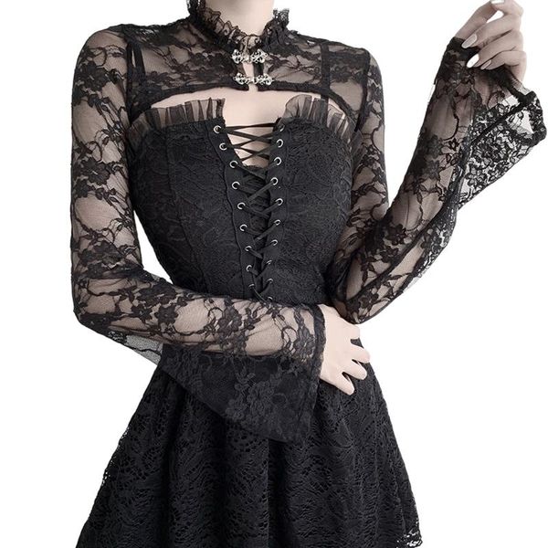 

women's t-shirt helisopus mesh vintage gothic t-shirts women harajuku black flare sleeve hollow out transparent rave tshirt, White