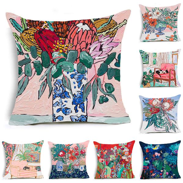 

hand painting throw pillow case oil flower retro decor cushion covers for home sofa chair decorative pillowcases