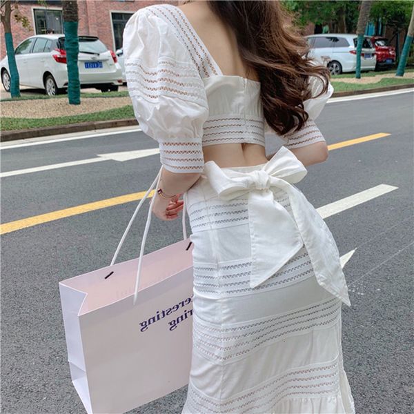 

two piece dress long skirt ensemble with square neckline, crop lace, stripe high waist, includes bibs and cuffs j3cq, White