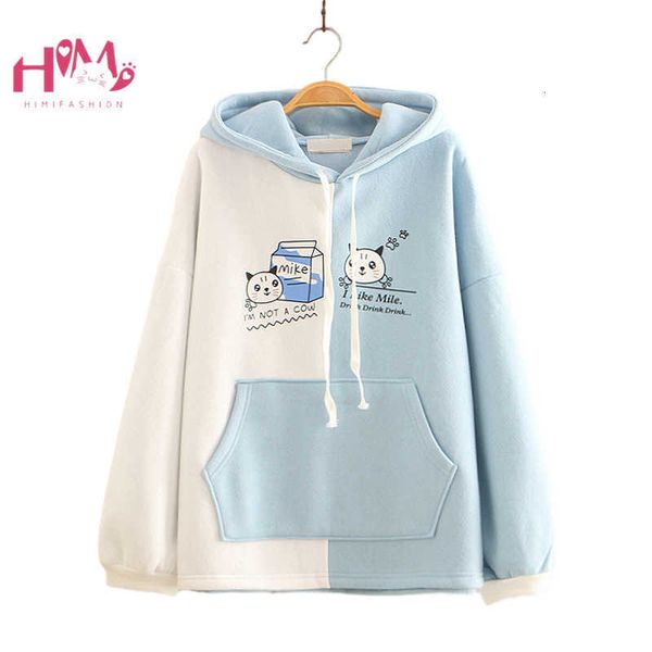 

women's fur & faux winter kawaii long sleeve hoodies women korean harajuku cute cat thicken casual sweatshirt soft girls clothes p, Black