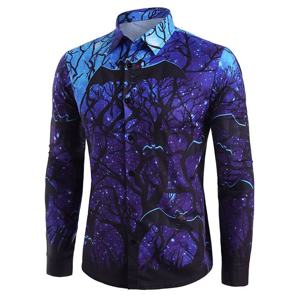 

halloween men's starry sky bat print long-sleeved button shirt, White;black