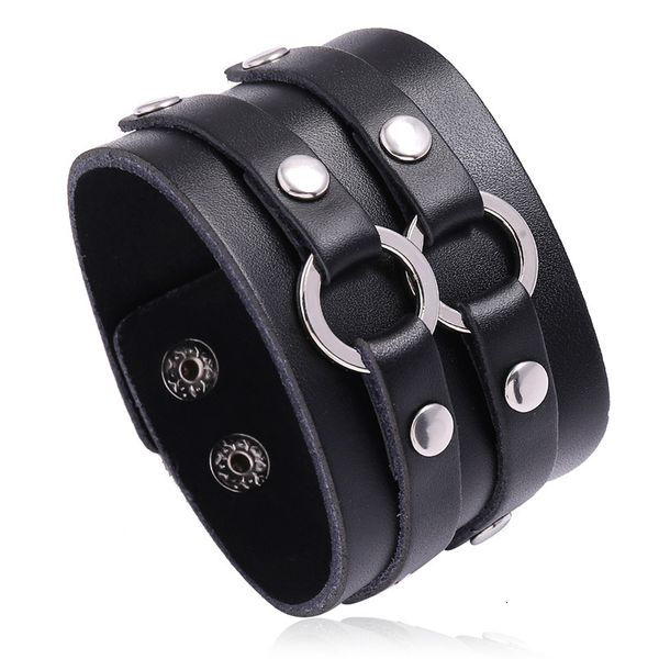 

bangles bracelet punk double ring cowhide jewelry men's wide leather, Black