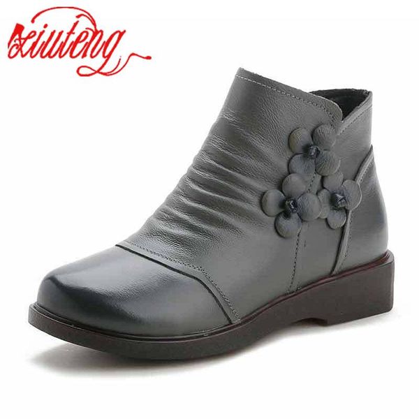 

boots xiuteng warm fur women genuin leather flat platform winter shoes flock ankle female non-slip plush casual, Black