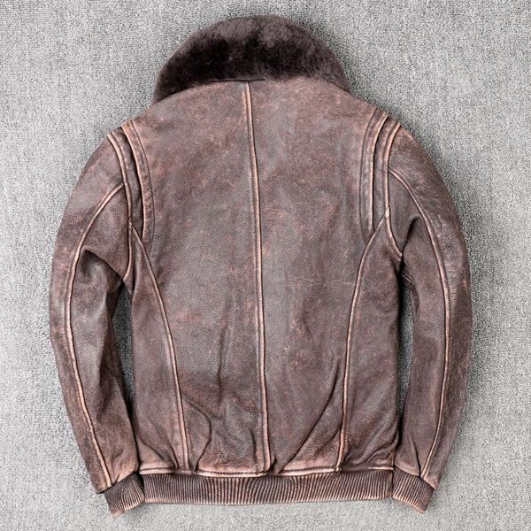 

men's leather & faux 2021 vintage brown military style genuine pilot jacket wool collar large size 5xl real natural cowhide aviation co, Black