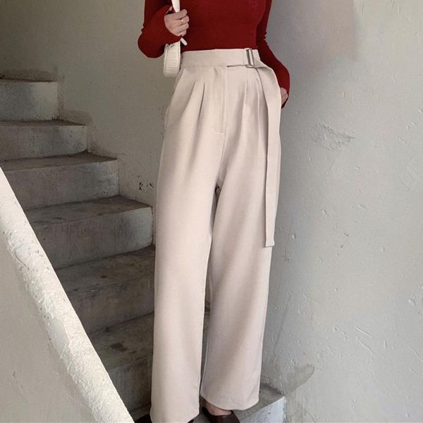 

women's pants & capris yamdi women pant female spring autumn sash pocket suits woman wide-legged high waist trouser loose solid femme 2, Black;white