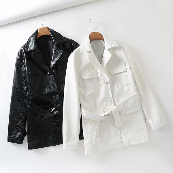 

Women's Leather & Faux Winter Jacket Women Vintage PU Elegant Office Ladies Coat Long Sleeve Moto Black Belted White