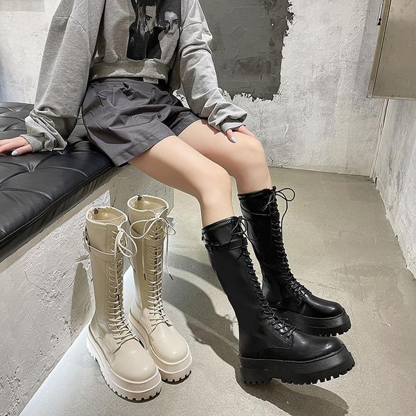 

boots women's autumn shoes round toe thigh high heels boots-women zipper rock over-the-knee 2021 med rubber leat, Black